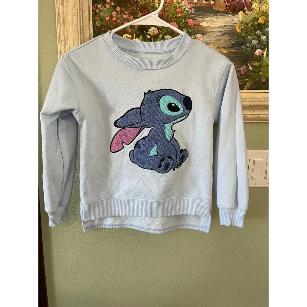 Disney Kids Girls Stitch Blue Sweatshirt Embroidered Chenille Patch Size M 8